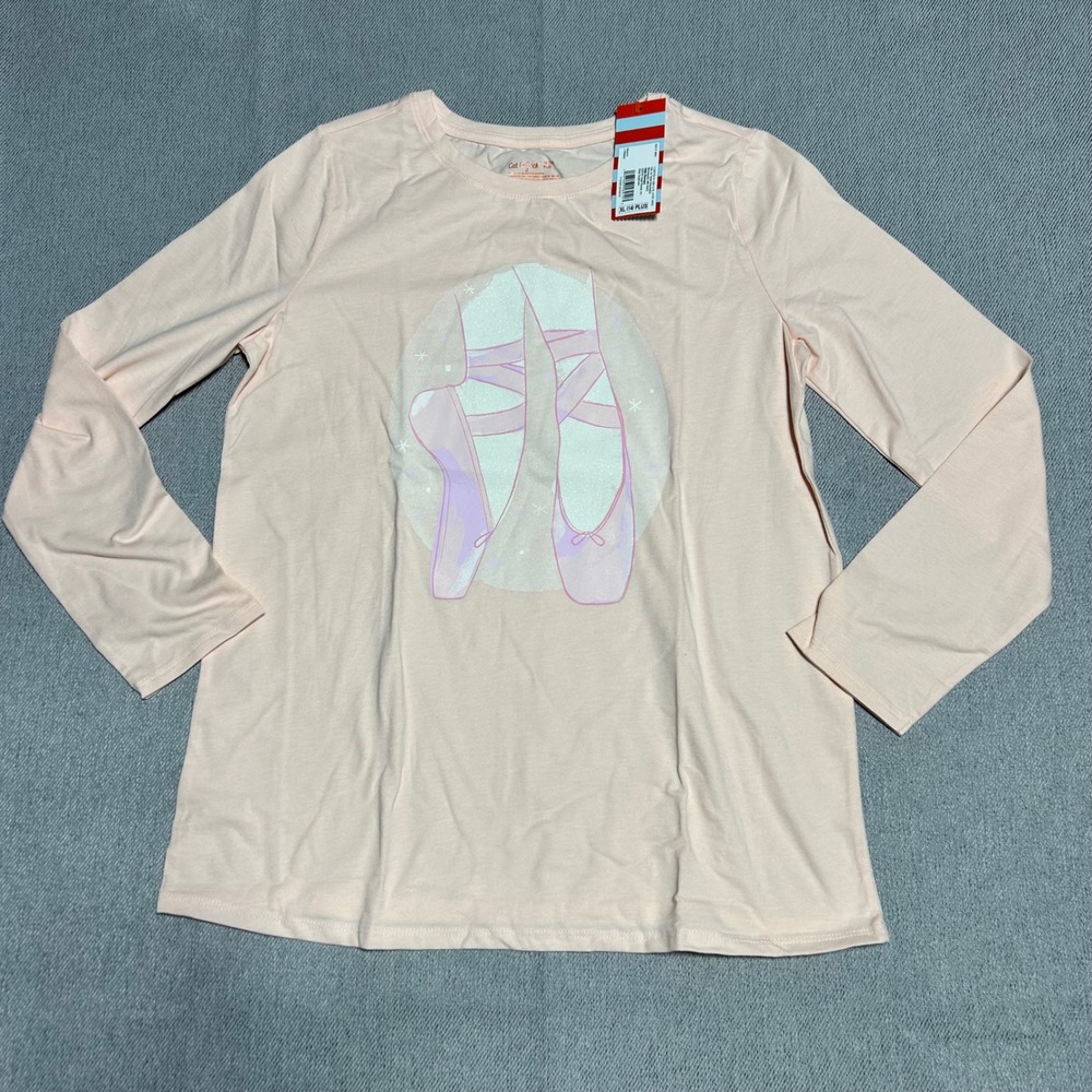 Cat & Jack Girls Ballet Slipper Graphic Tee XL 14 Plus Peach Long Sleeve Shirt‎